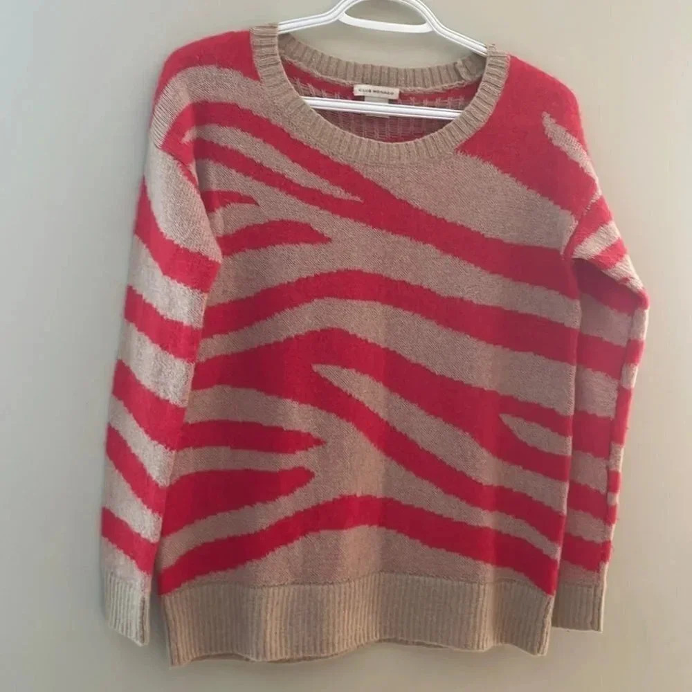 Club Monaco Women Mohair Zebra Stripe  Tan Red Pullover Crew Neck Sweater Sz:XS - Picture 3 of 12